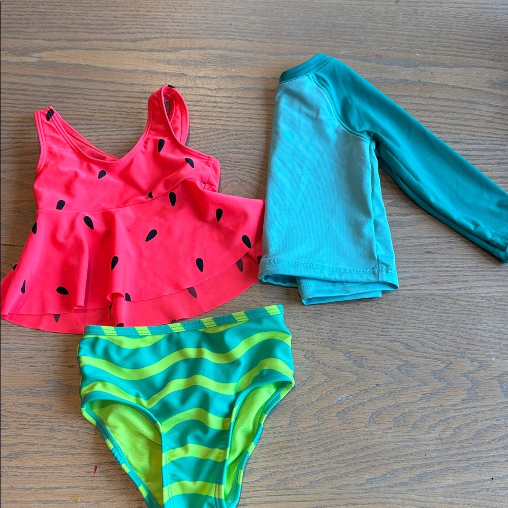Kid’s Watermelon Print Swimsuit Set with Rashguard